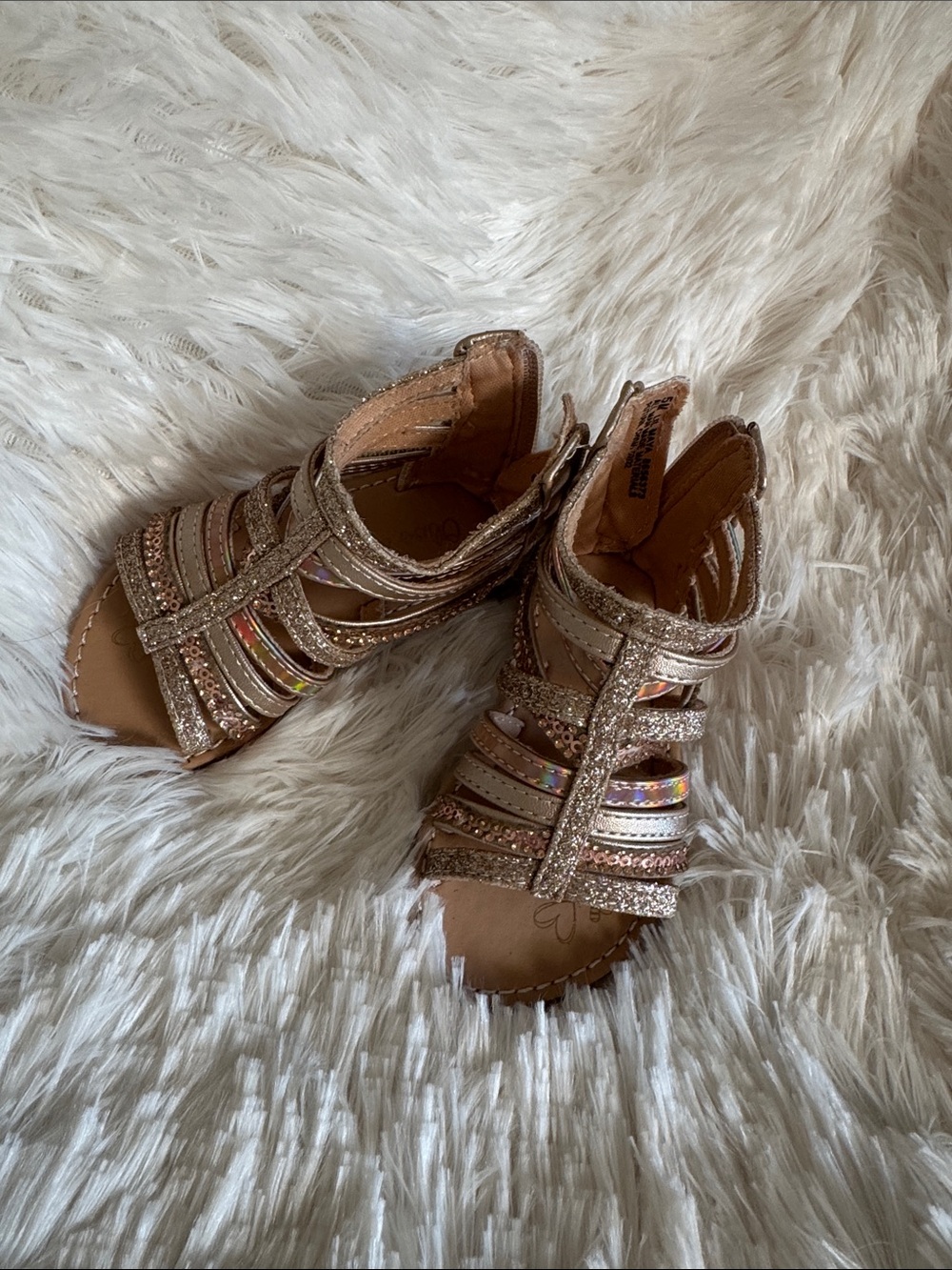 Girls Rose Gold Glitter Strappy Sandals with Iridescent Accents